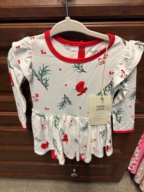 Kyte BABY White Dress with Red Cardinal & Green Pine Print - Long Sleeve
